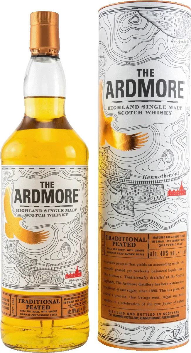 Ardmore Traditional Peated Umkarton und Flasche Vorderseite